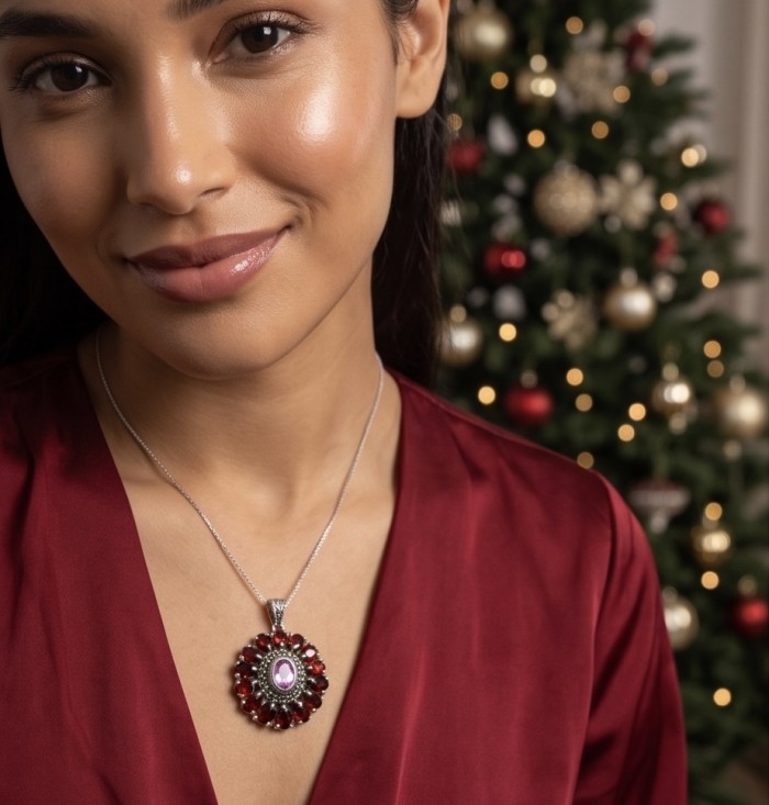 Giovanna 22.2 carat authentic Mozambique Ruby Marcasite .925 Sterling Silver handmade Pendant - Elegant ruby necklace worn, festive backdrop with Christmas tree.