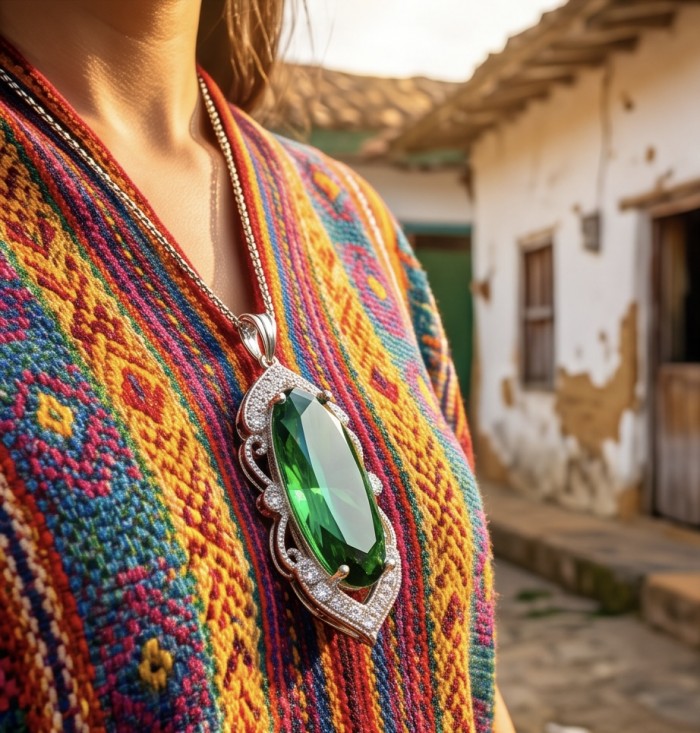 Spectacular Oval Cut 28.5 carat Natural Helenite .925 Sterling Silver handcrafted Pendant - Green Helenite pendant worn on colorful woven fabric, front view close-up.