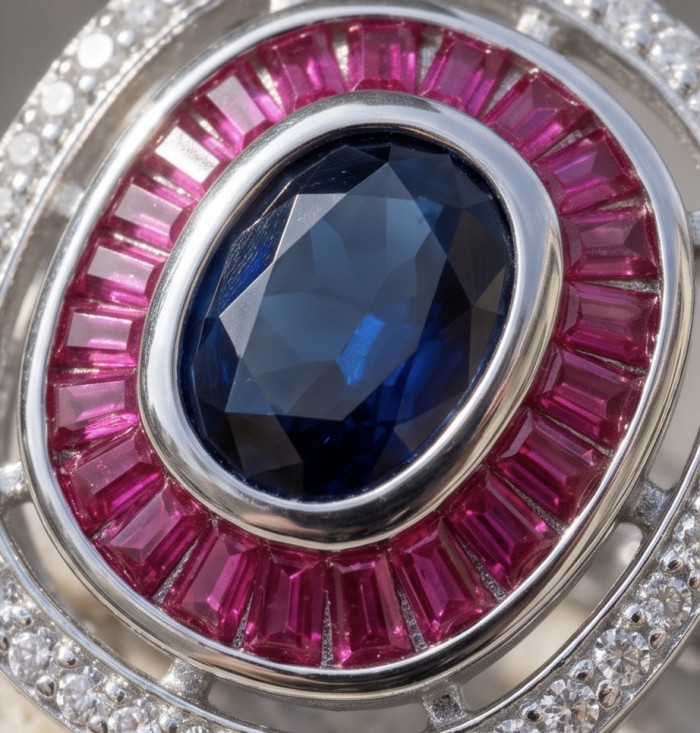Art Deco 8.6 ctw Sapphire Ruby Rhodium plated .925 Sterling Silver handcrafted Statement Ring size 8 - Close-up of Art Deco sapphire, ruby, and diamond ring detailing.