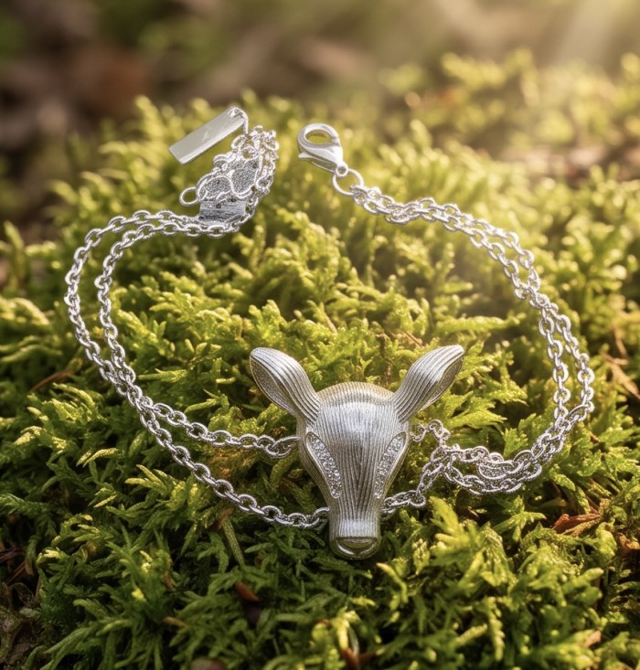Deer'S Head 0.5 carat Emerald Rhodium over .925 Sterling Silver handmade Statement Bracelet - Deer's head pendant, frontal view, on a rhodium-plated sterling silver chain.