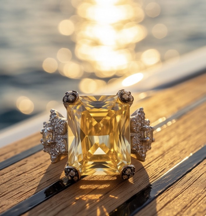 Real Art! - Luxurious bauqette cut 21.9 carat Yellow Sapphire .925 Sterling Silver rhodium over handcrafted Ring s. 8 1/4 - Close-up of 21.9 carat yellow sapphire ring on wooden surface.