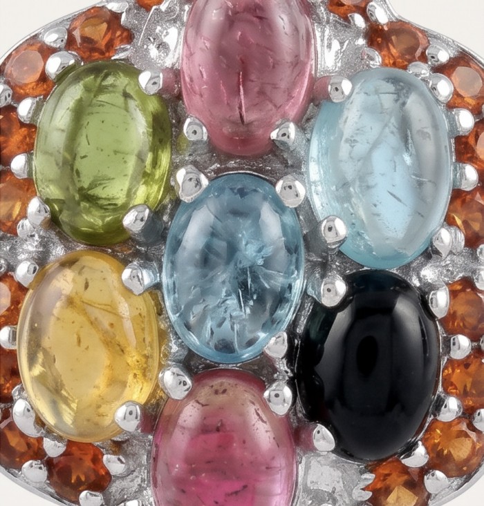 Luxurious authentic 14.2 carat Brazilian Tourmaline rhodium over .925 Sterling Silver handcrafted earrings - Close-up of luxurious multicolored Brazilian tourmaline gemstones.