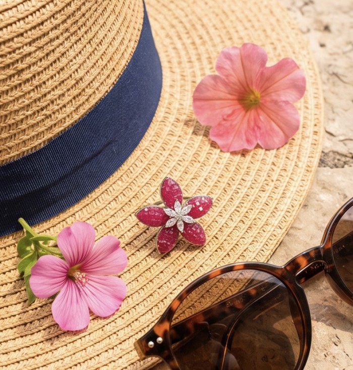 Scarlett mystery setting 9.7 ctw Mozambique Ruby .925 Sterling Silver dipped in rhodium handcrafted Statement Ring size 6 - Ruby flower ring with gerbera and sunglasses on hat.