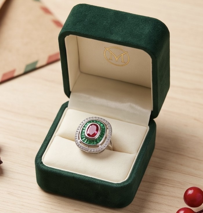 Art Deco 8.6 ctw Ruby Rhodium plated .925 Sterling Silver handcrafted Statement Ring size 8 - Art Deco ruby ring in open green velvet box, top view on wood背景