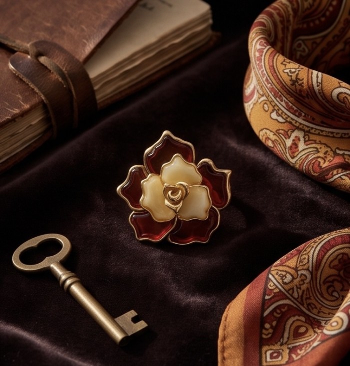 Golden Rose Natural Baltic Polish Amber .925 Sterling Silver dipped in 22K Gold handcrafted Large Statement Ring size 7 - Flower-shaped brooch close-up with key, leather journal, and scarf.