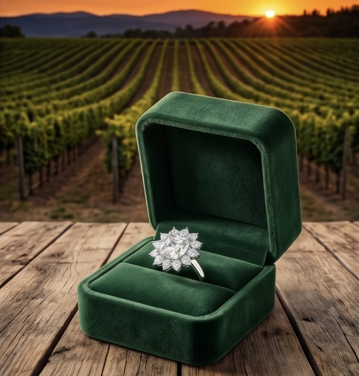 Fiorella Precious 25.5 carat princess cut Natural yellow Sapphire .925 Sterling Silver Statement Large ring size 6 - Fiorella ring in green box with vineyard background, sunset view