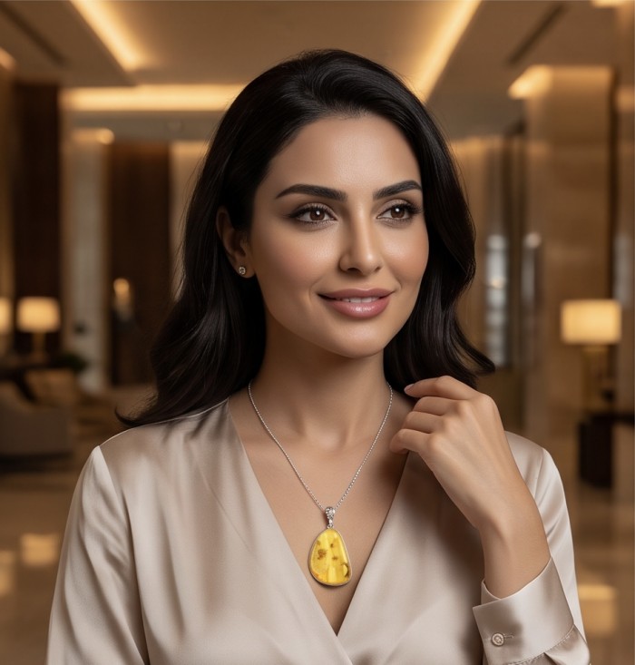 Prehistoric Authentic Golden Butterscotch Baltic Amber .925 Sterling Silver beautifully handcrafted Pendant - Amber pendant necklace worn by model in elegant setting.