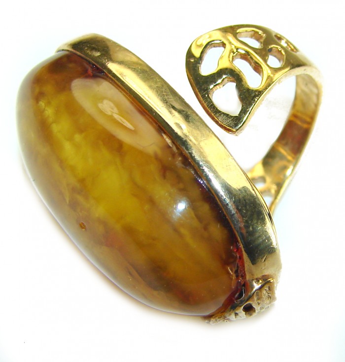 Giant natural butterscotch Baltic Amber14K Goald over .925 Sterling Silver handcrafted ring; s. 7 adjustable - photo 3