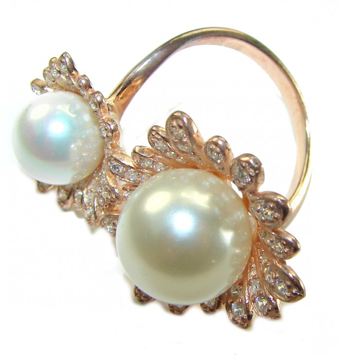 Floral design White Pearls White Sapphire 14K Gold over .925 Sterling Silver brilliantly handcrafted Statement ring s. 8 1/2 - photo 2