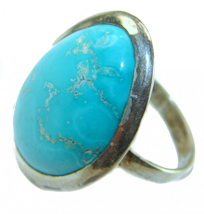 RARE KINGMEN Turquoise .925 Sterling Silver handmade Large ring size 11 - Large turquoise ring in .925 silver, stone close-up view.