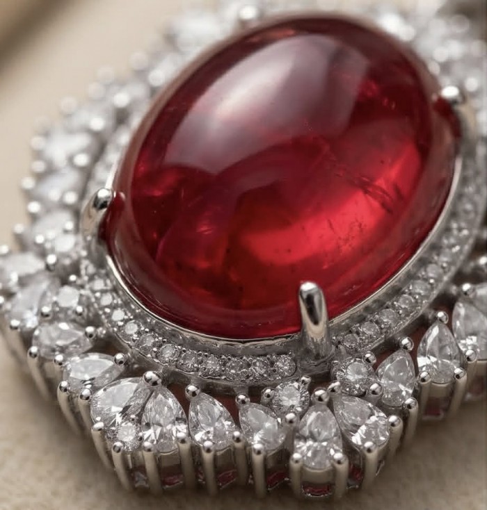 Luxurious 28.8 carat natural Ruby White Topaz .925 Sterling Silver .925 Sterling Silver Statement Necklace - Close-up of luxurious 28.8 carat ruby with white topaz accents.