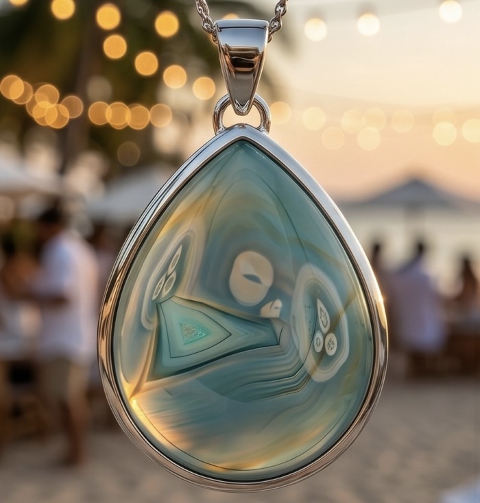 Deluxe 29.2 carat Botswana Agate .925 Sterling Silver handmade Large Pendant - Close-up of Deluxe 29.2 carat Botswana Agate in .925 Sterling Silver