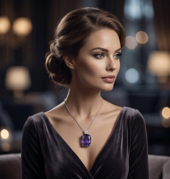 Classic design 22.5 carat African Amethyst .925 Sterling Silver dipped in rhodium handcrafted necklace - Woman wearing 22.5 carat African Amethyst necklace, side view.
