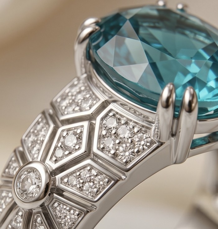 Big Surf 8.5 carat Paraiba Tourmaline .925 Sterling Silver Handcrafted Ring size 9 - Close-up of Paraiba Tourmaline ring with diamond details.