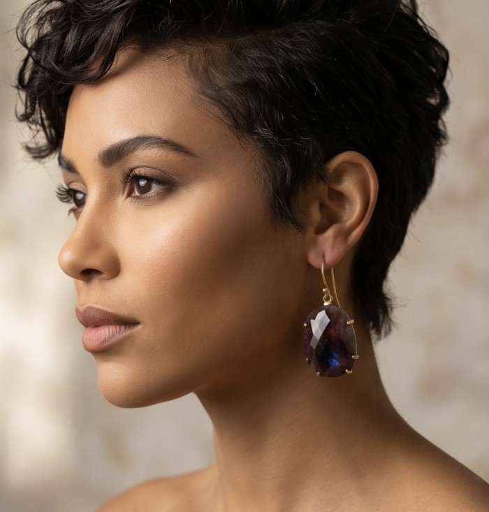 Bella Rosa Genuine 15.8 carat Ruby .925 Sterling Silver dipped in Gold Statement brilliantly handcrafted earrings - Side view of Bella Rosa ruby earring worn