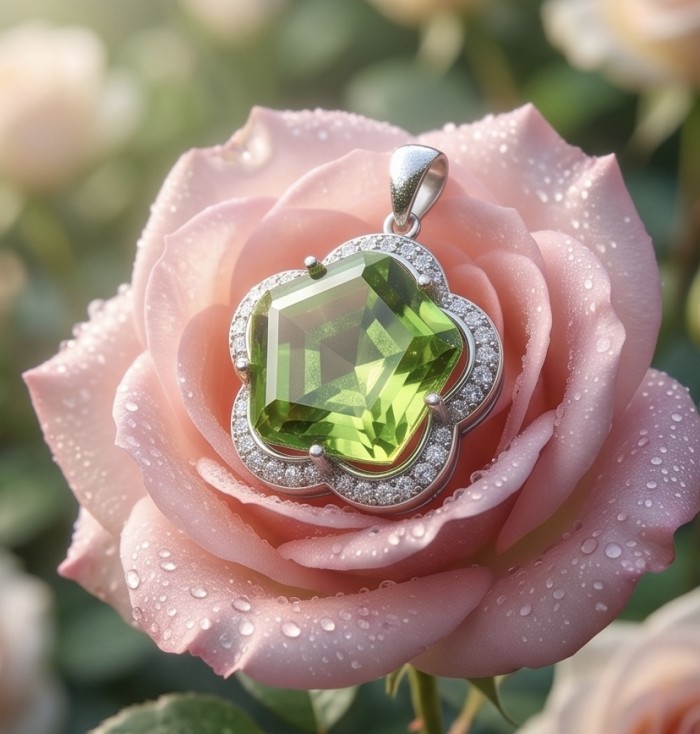 Green Clover 6.8 carat authentic Brazilian Peridot .925 Sterling Silver Handcrafted Statement pendant - Close-up of green peridot pendant on a dewy pink rose.