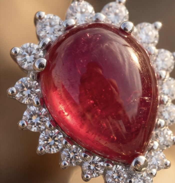 Valentina 28.2 carat Ruby Emerald Sapphire .925 Sterling Silver dipped in rhodium Statement handcrafted earrings - Stone close-up of Valentina 28.2 carat ruby with surrounding diamonds