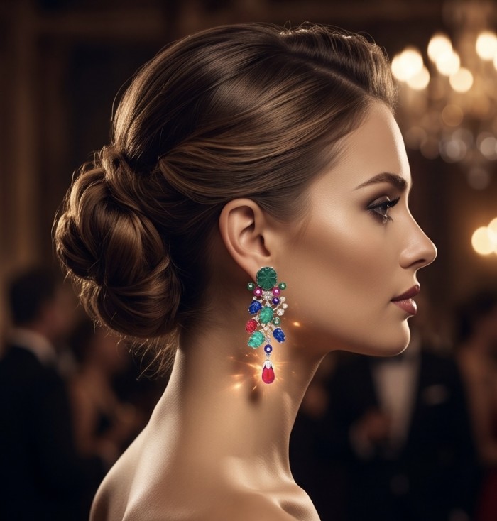 RARE BEAUTY! Valentina 28.2 carat CARVED Ruby Emerald Sapphire .925 Sterling Silver dipped in rhodium Statement handcrafted earrings - Side view of woman wearing vibrant Valentina gemstone earrings