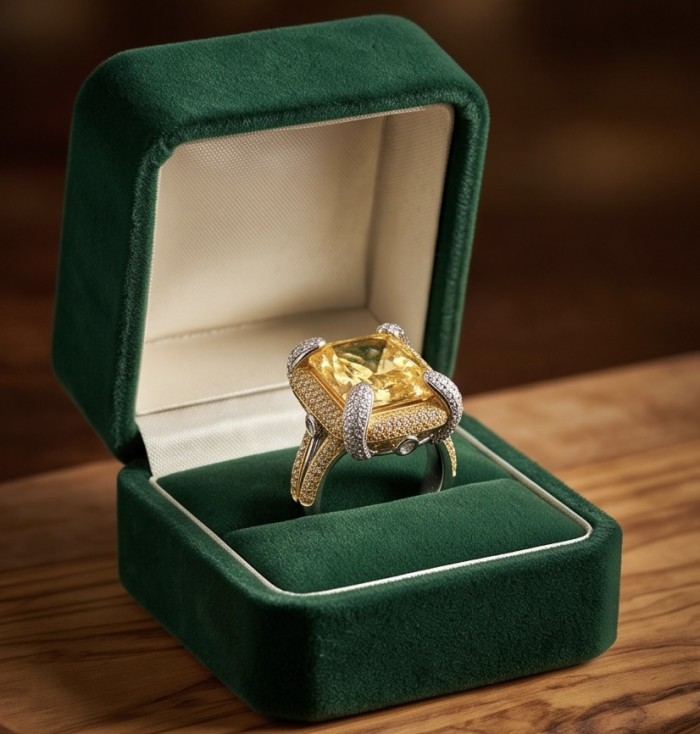 Wearable Art - Solid 27.2 carat Genuine Yellow Sapphire .925 Sterling Silver handcrafted ring size 8 - Yellow sapphire ring in green box, showcasing top view and setting detail.