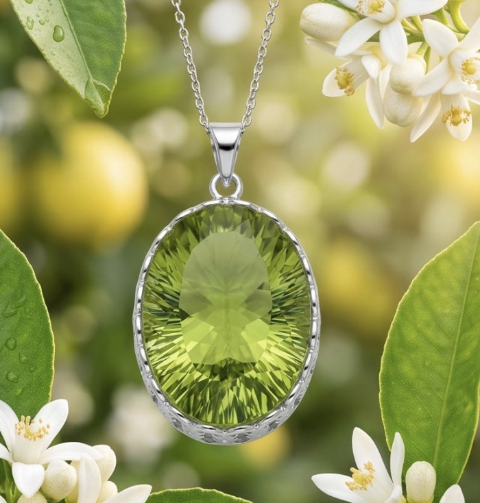 Wise Bliss Authentic 31.6 carat Green Amethyst .925 Sterling Silver handmade Pendant - Green Amethyst necklace close-up with floral background