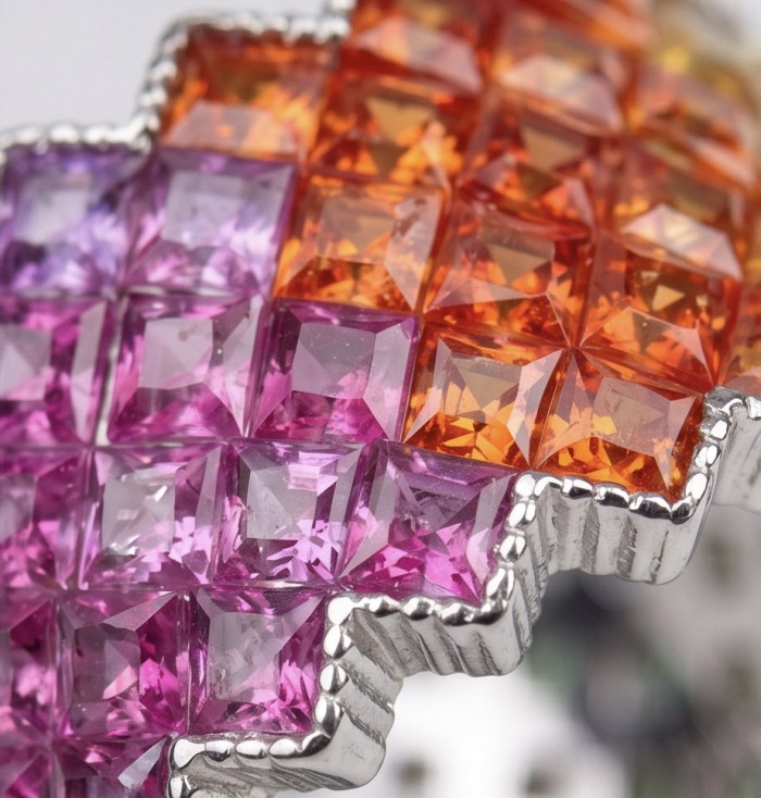 My own Rainbow - authentic 8.7 carat multigem .925 Sterling Silver Eternity Ring size 5 - Close-up of square-cut multicolor gemstones in sterling silver setting.