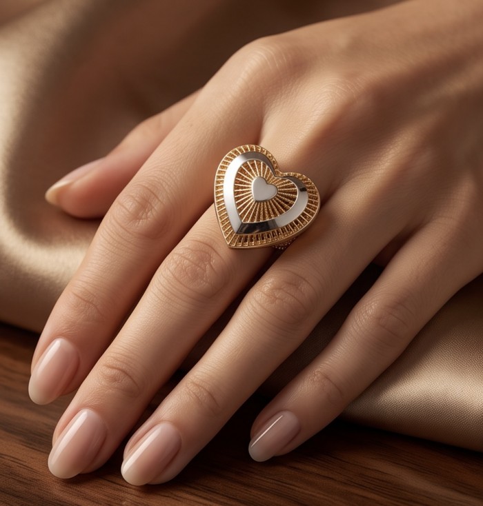 Dubai Style - Golden Heart .925 Sterling Silver dipped in 22K Gold handmade Large ring size 6 1/4 - Golden heart ring in Dubai style worn on hand, showcasing detailed design.