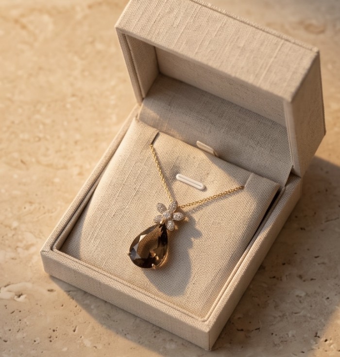 Scarlett Authentic 15.5 carat Smoky Topaz rhodium over .925 Sterling Silver handmade Statement Pendant - Smoky Topaz necklace in open box, top view, on marble surface.