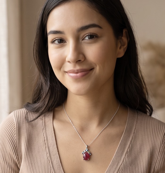 Authentic 6.5 CARAT Ruby .925 Sterling Silver Pendant - Woman wearing 6.5 carat ruby pendant on sterling silver necklace.
