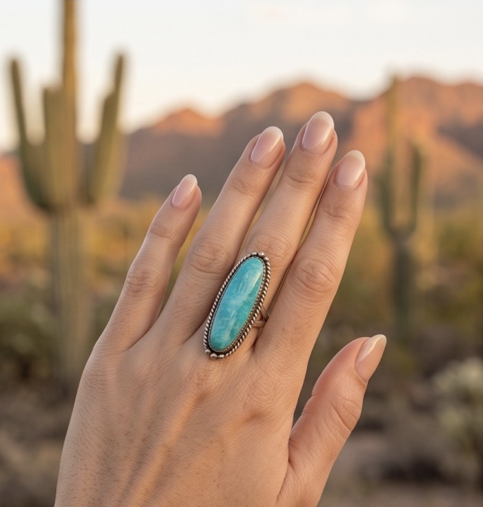 Go West - Rare authentic Manassa Green Turquoise from Colorado .925 Sterling Silver handcrafted Large ring; s. 6 3/4 - Manassa Green Turquoise ring worn on hand with desert background.