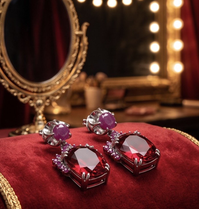Angelina 14.9 carat authentic Red Topaz .925 Sterling Silver Handcrafted Earrings - Red Topaz earrings on velvet, mirror background, close-up.
