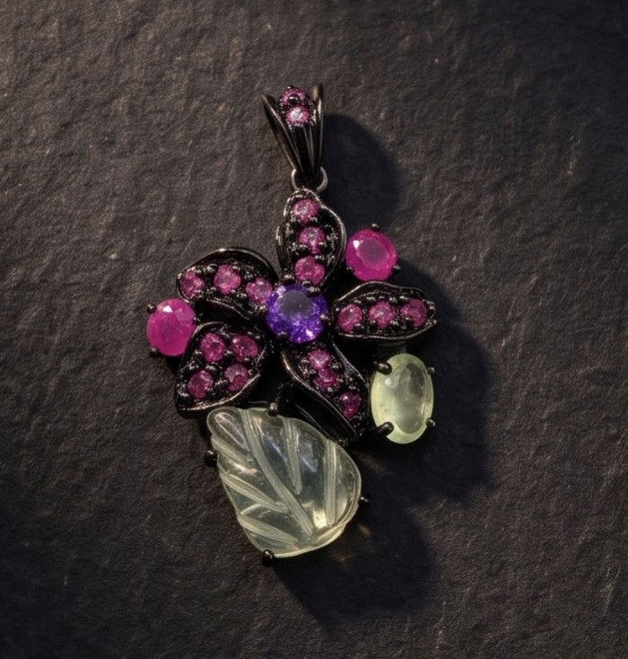 Divine creation 15.8 carat Precious Amethyst .925 Sterling Silver dipped in black rhodium handcarfted Pendant - Front view of a jeweled pendant with amethyst and other gemstones.