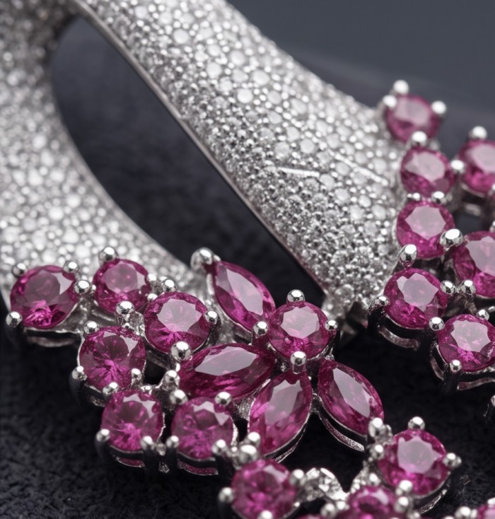 Carolyn 6.5 carat Mozambique Ruby rhodium over .925 Sterling Silver handcrafted pendant - Close-up of Carolyn Mozambique Ruby jewelry detailing stones and setting.