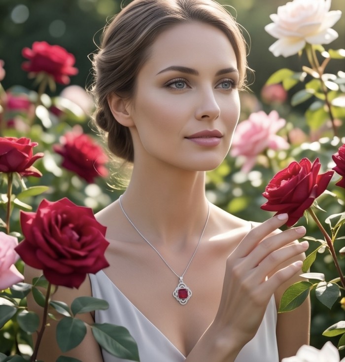 Genuine 4.8 carat Ruby rhodium over .925 Sterling Silver handcrafted Statement Pendant - Woman wearing ruby necklace surrounded by roses