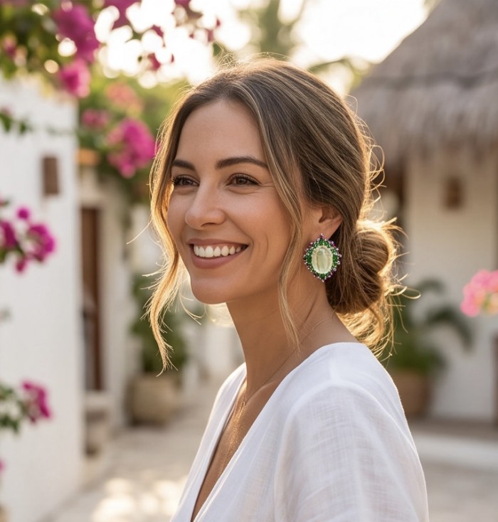 Bringer of Joy Authentic 29.9 carat Brazilian Citrine rhodium over .925 Sterling Silver brilliantly handcrafted Statement earrings - Woman wearing Bringer of Joy earrings, side view with tropical background.