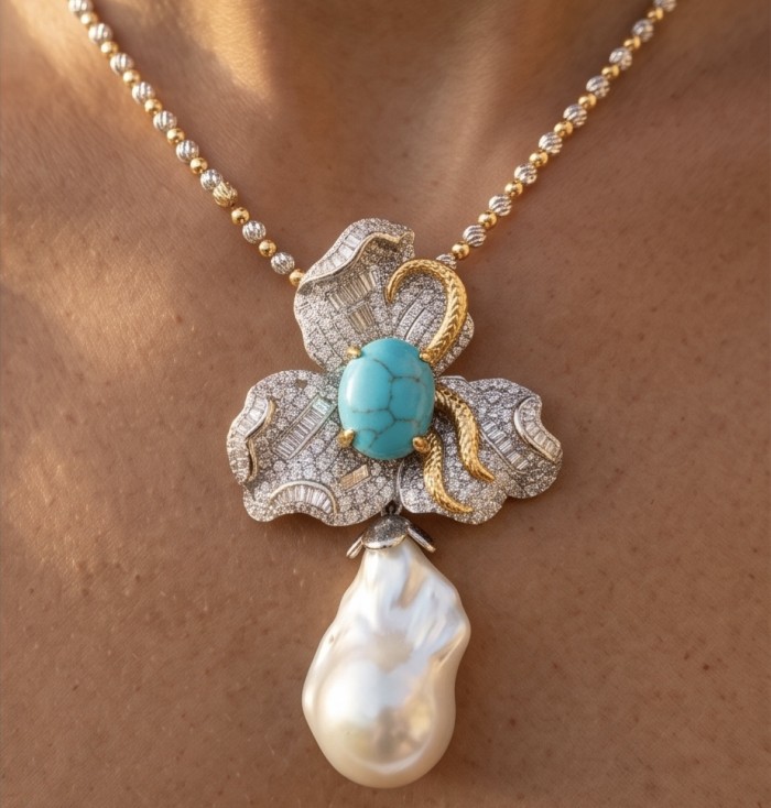 Precious Mother of Pearl 8.4 carat Sleeping Beauty Turquoise 18K Gold over .925 Sterling Silver Necklace; 20 inches long - Pendant with pearl and turquoise worn around neck