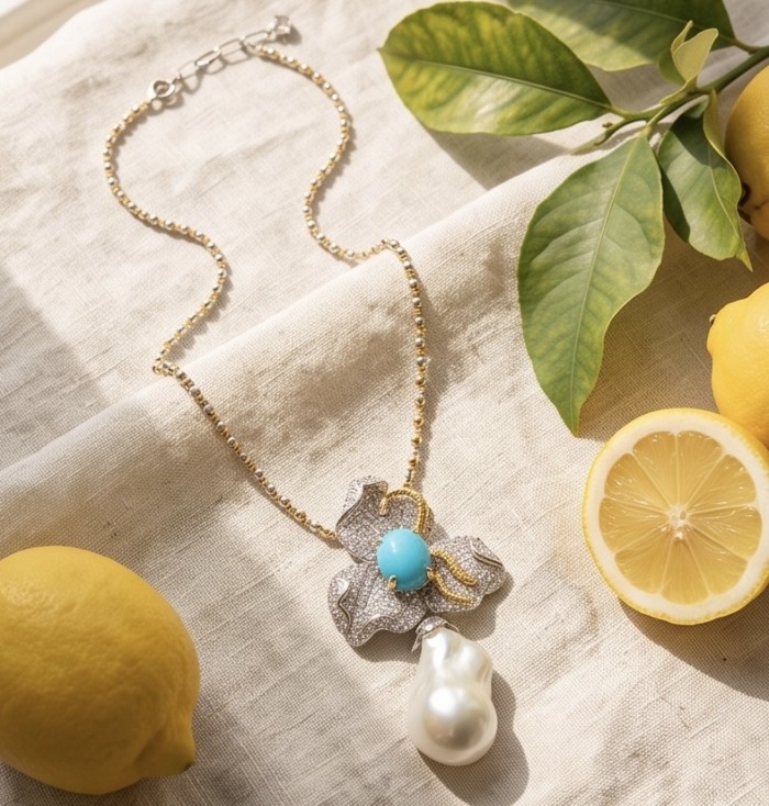 Precious Mother of Pearl 8.4 carat Sleeping Beauty Turquoise 18K Gold over .925 Sterling Silver Necklace; 20 inches long - Necklace with turquoise and pearl on fabric with lemons, top view