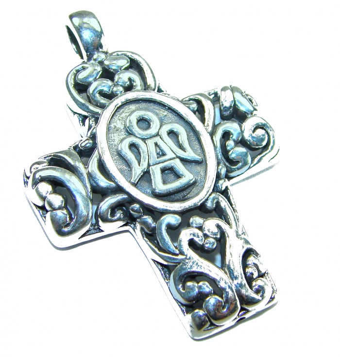 Protective angel - Holy Cross .925 Sterling Silver Pendant - Sterling silver angel cross pendant, ornate detail, angled view.
