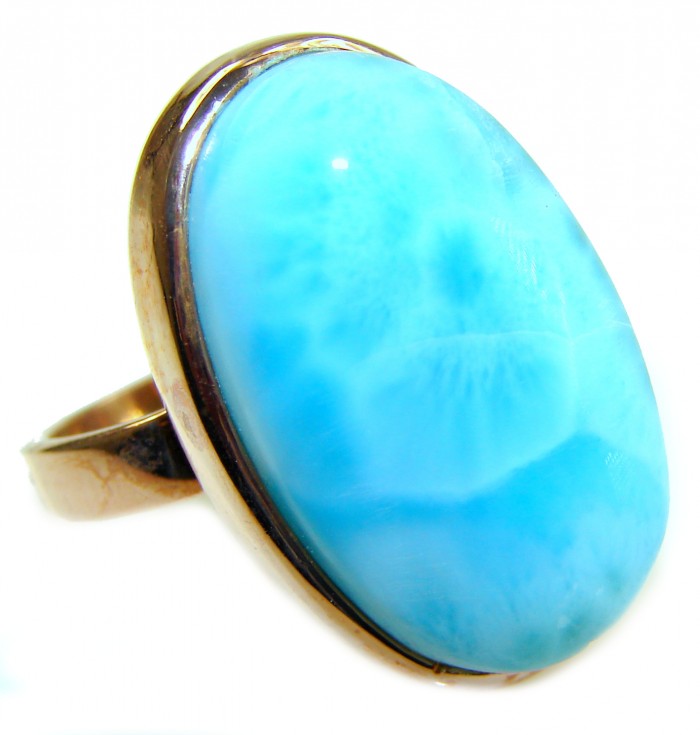 Blue Perfection AAAA QUALITY Blue Larimar 18K Gold over .925 Sterling Silver handmade Large ring size 8 adjustable - Close-up of blue Larimar stone in 18K gold ring setting