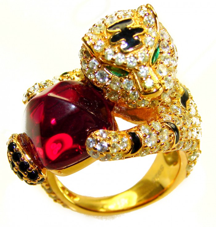 GEPHARD Genuine 10.5 CARAT Ruby black enamel .925 Sterling Silver dipped in 22K Gold Large Statement Ring size 6 1/4 - Close-up of a jeweled panther ring with ruby and black enamel details.