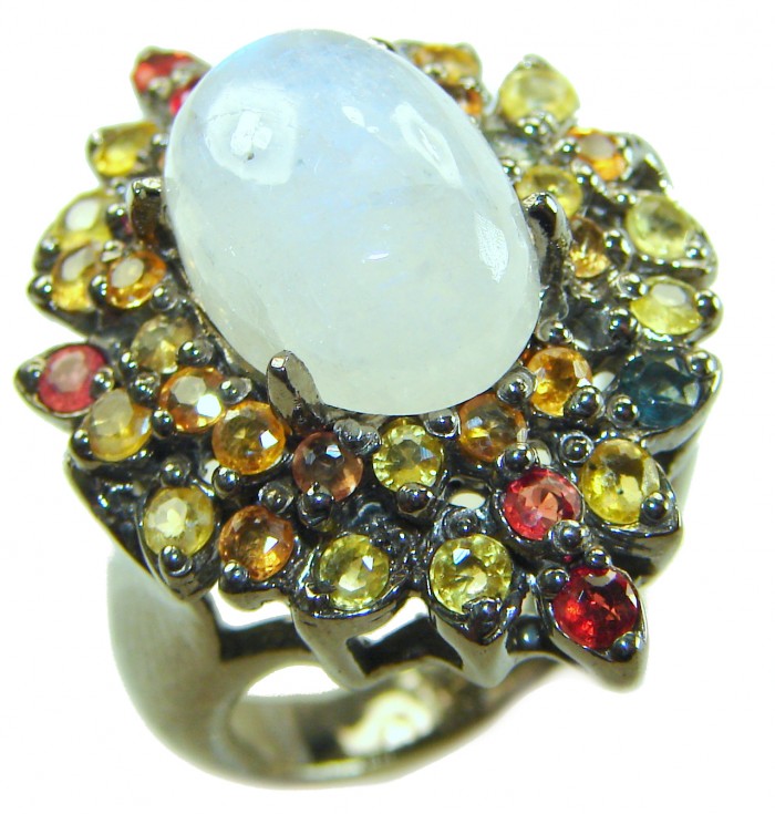 Best quality Genuine Fire Moonstone Sapphire black rhodium over .925 Sterling Silver handcrafted ring size 8 1/4 - Close-up of a moonstone and sapphire ring with black rhodium finish.