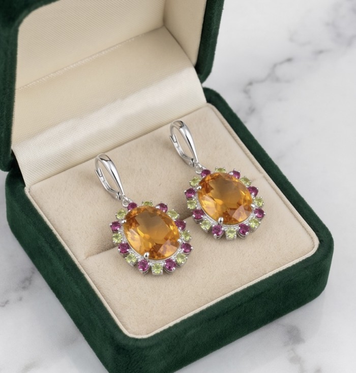 Floral design 24.2 carat Green Topaz rhodium over .925 Sterling Silver handcrafted earrings - Earrings in box, front view, orange gemstones with green and pink accents