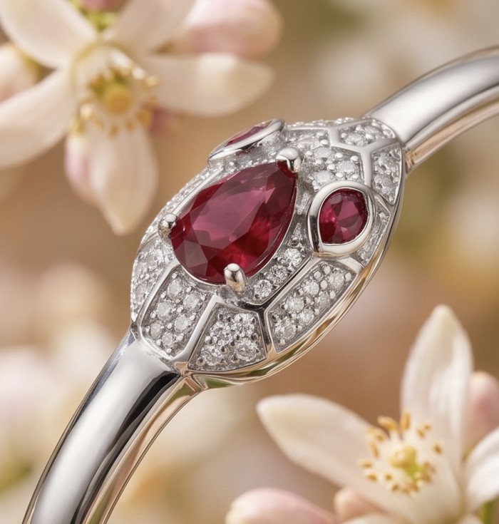 Precious Boa Snake Genuine 0.7 carat Garnet .925 Sterling Silver dipped rhodium handcrafted Bracelet - Close-up of Precious Boa Snake ring with garnet and sterling silver.