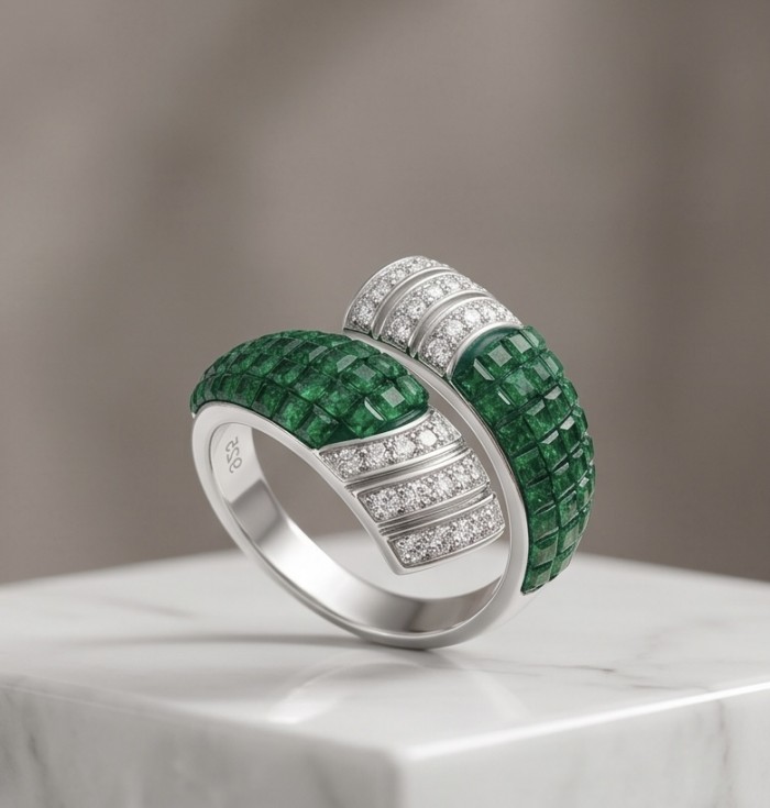 Green Passion mystery setting 7.2 CARAT genuine Emerald .925 Sterling Silver handcrafted ring size 7 - Emerald ring side view, mystery setting with diamonds, on marble surface.