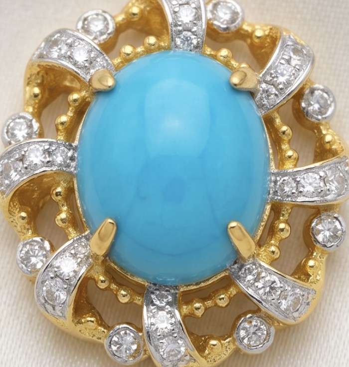 Sofia - authentic Sleeping Beauty Turquoise 22K Gold over .925 Sterling Silver handcrafted Statement necklace - Close-up of Sofia Sleeping Beauty Turquoise ring with diamonds.