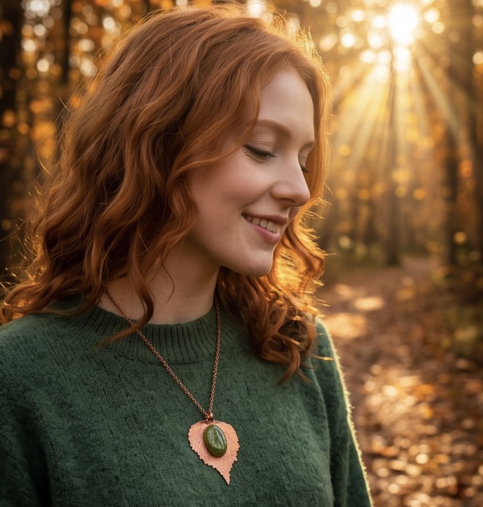 REAL Leaf dipped in copper 30.2 green Tourmaline stone & .925 Sterling Silver Pendant - Woman wearing leaf copper necklace with green tourmaline stone.