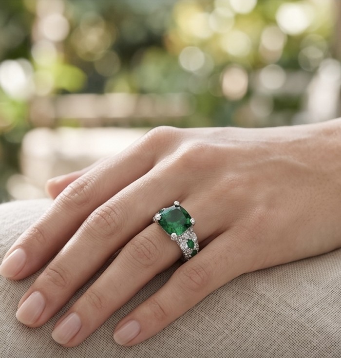 Top quality - Real Treasure assher cut 17.2 carat Chrome Diopside .925 Sterling Silver Ring size 7 - Hand wearing an emerald ring, showcasing the stone and setting.