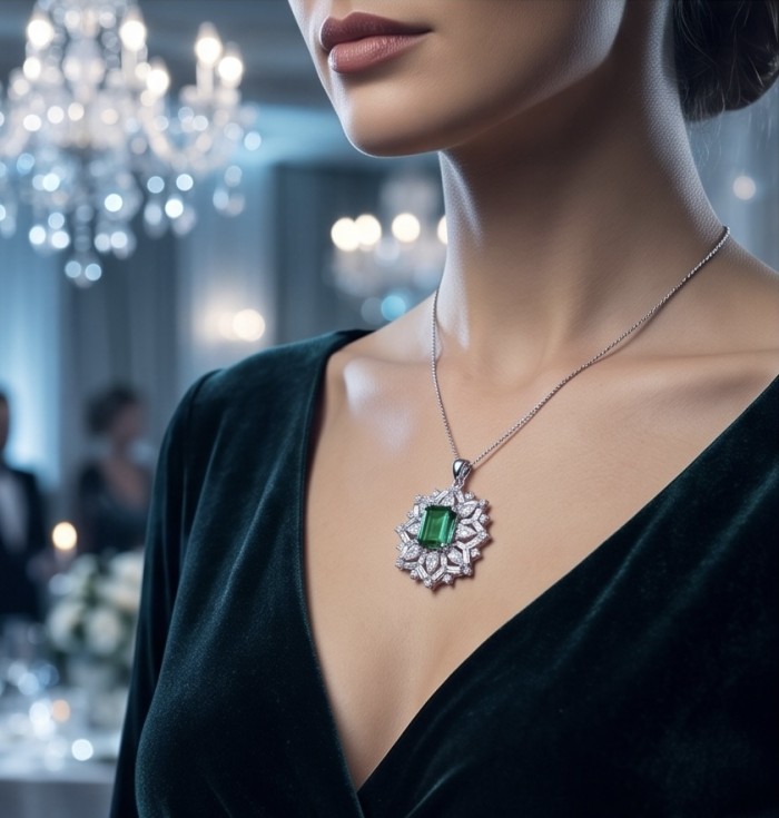 Giovanna - Authentic 4.8 carat COLOMBIAN EMERALD .925 Sterling Silver dipped in rhodium handcrafted pendant - Emerald necklace worn at event, focus on pendant.
