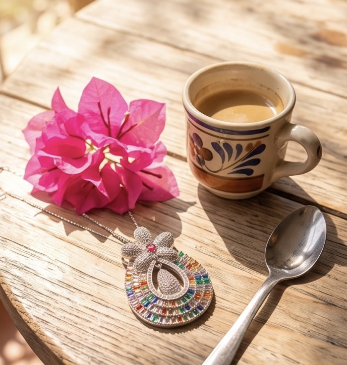 Julietta - Excellent quality 11.9 carat Multigem 18K Rose Gold over .925 Sterling Silver handcrafted Pendant - Pendant with multigem stones, flower design, cup, and pink flowers nearby.