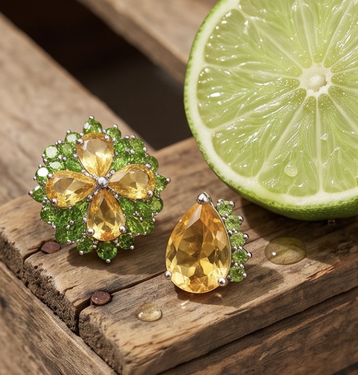 Vivien Luxurious Style - Natural 22.2 carat Citrine .925 Sterling Silver dipped in rhodium handmade earrings - Close-up of citrine and green gemstone jewelry with half lime in background