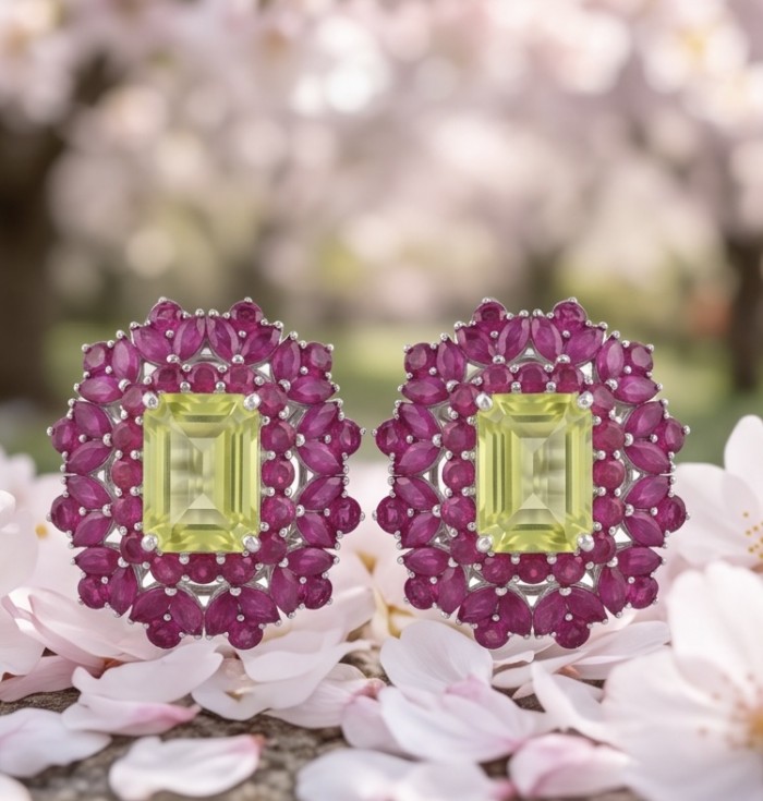 Francesca Authentic 15.5 carat Brazilian Citrine Mozambique Ruby .925 Sterling Silver brilliantly handcrafted Statement earrings - Front view of yellow citrine earrings with pink gemstone halo.